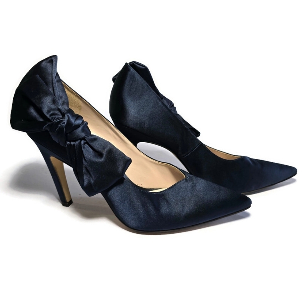 Nine West Blue Satin Oversized Bow Pumps Stilettos Heels Sz 8.5 Pointed